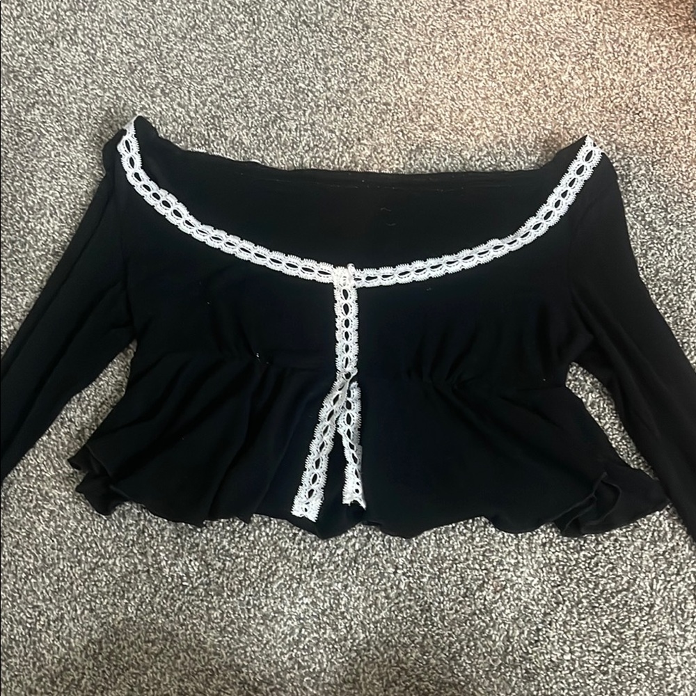 Elegant Black Off-Shoulder Top with White Trim
